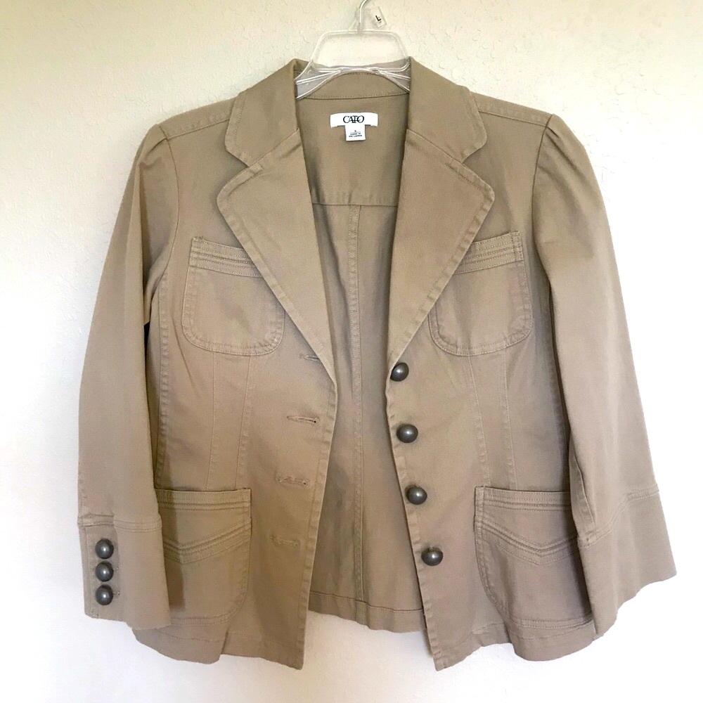 Sz S Cato Safari Styled Khaki Denim Tapered Waist Blazer.